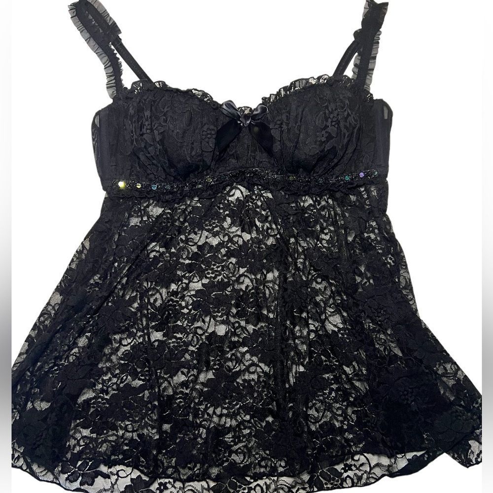 NWOT Frederick’s of Hollywood Black Lace and Mesh Babydoll Lingerie Size L